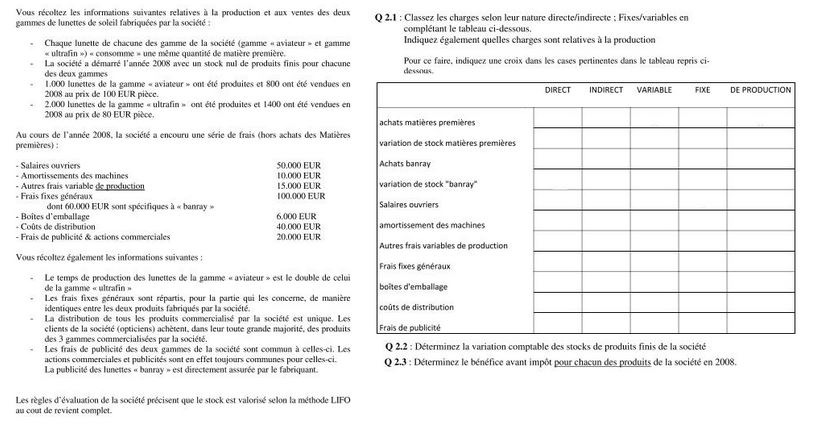 Exercice comptabilité analytique