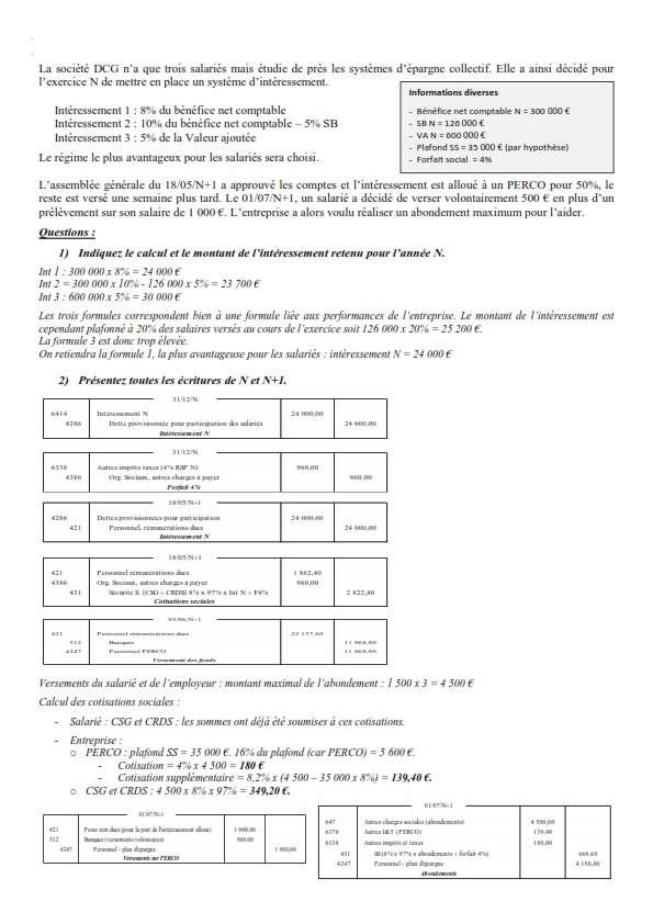 Exercice indiquez le calcul et le montant de l’intéressement retenu