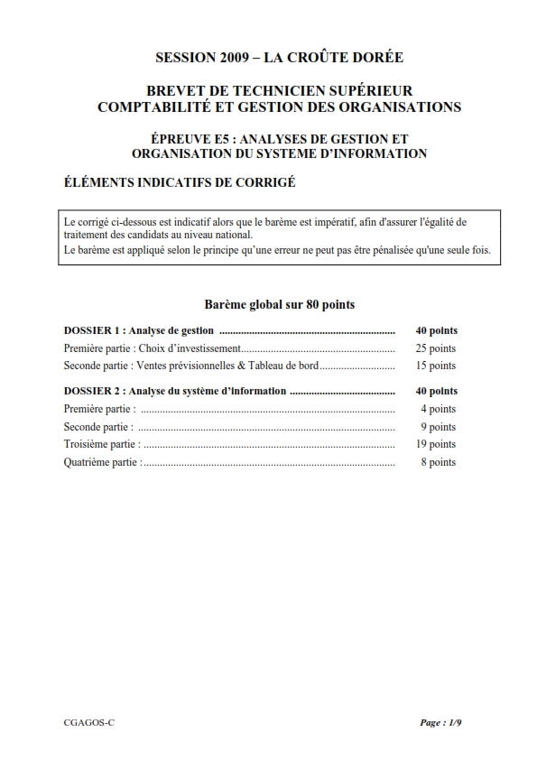 Exercice comptabilité analyse de gestion et organisation du système d’information